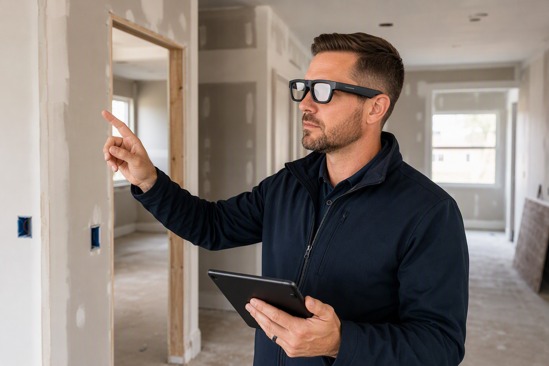 Smart camera glasses worn during a property walkthrough as the wearer documents an unfinished interior.
