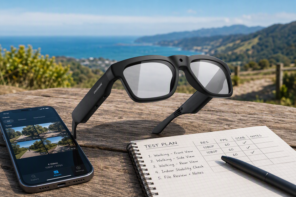 Smart camera glasses presented in a clean outdoor testing scene with a phone and notebook nearby.