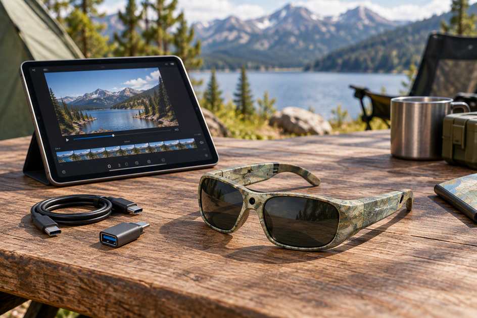 Camera glasses, an iPad, and a transfer adapter arranged on a camp table beside packed outdoor gear.