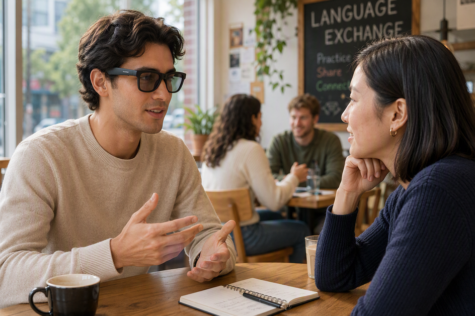 Person wearing translation glasses during a face-to-face language practice session with a conversation partner.