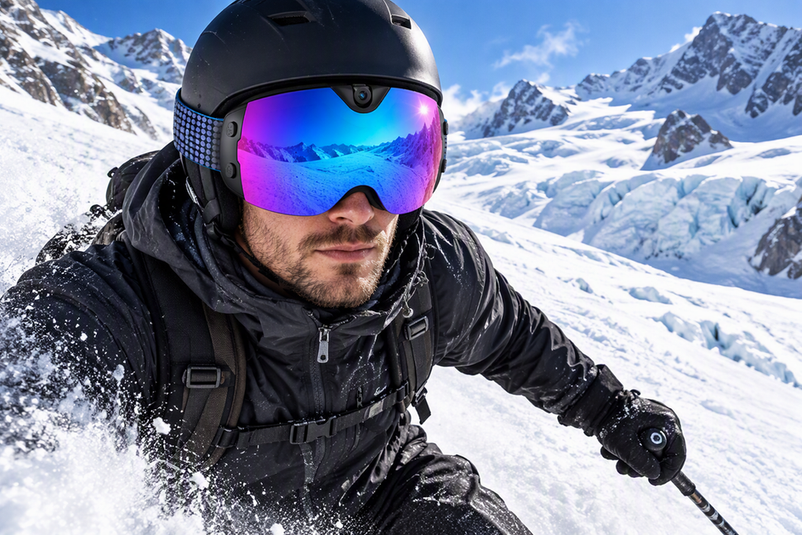 Skier wearing camera-integrated snow goggles on a bright glacier slope with reflective snow and high alpine terrain