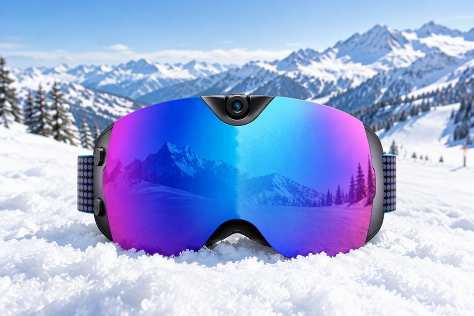 Camera-equipped ski goggles resting on fresh snow with a bright mountain slope in the background