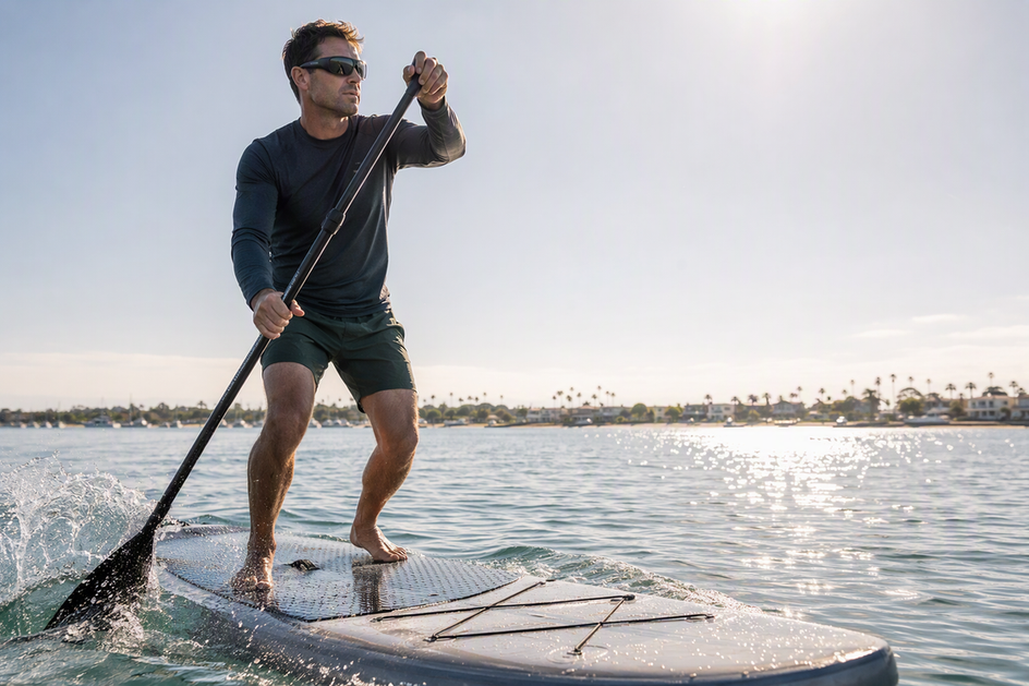 Camera sunglasses worn while paddling a sunlit calm-water route on a stand-up paddleboard.