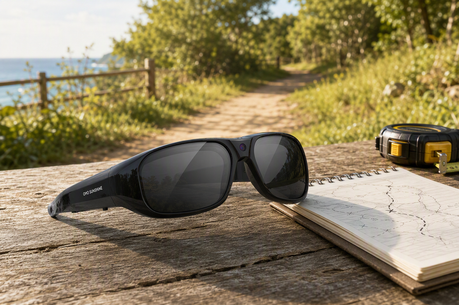 Camera glasses resting beside a marked walking route plan in daylight