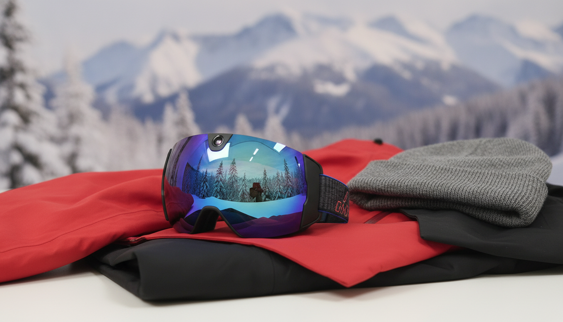 Camera-equipped snow goggles presented as winter sports gear on a snowy mountain setting