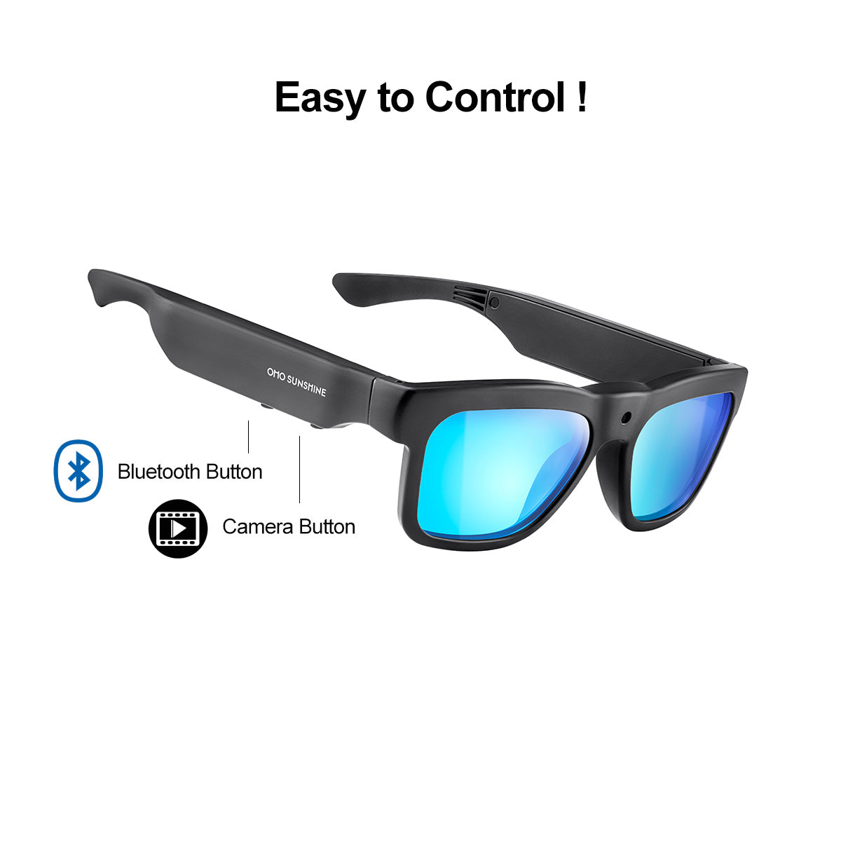 OhO Sunshine Edge glasses labelled with the Bluetooth button and camera button for easy control