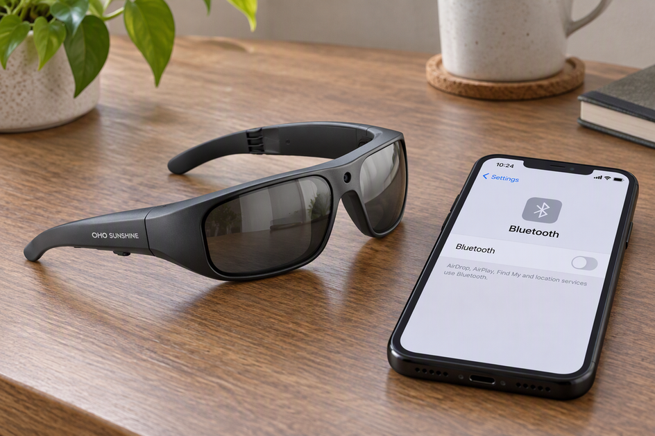 OHO SUNSHINE Brave camera glasses beside a phone with Bluetooth turned off, set up for a connection test.