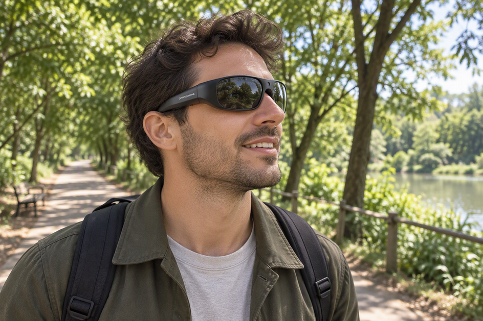 Creator wearing OHO SUNSHINE Brave camera glasses while capturing a short POV clip on a park path.