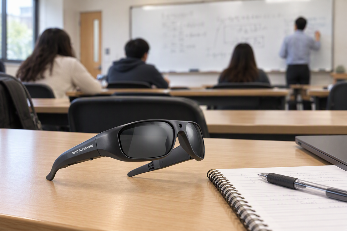 OHO SUNSHINE Brave smart camera glasses beside a notebook on a classroom desk, with a whiteboard softly out of focus in the background.