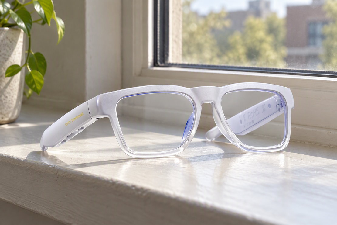 Photochromic smart glasses with nearly clear-looking lenses resting beside a sunlit window.