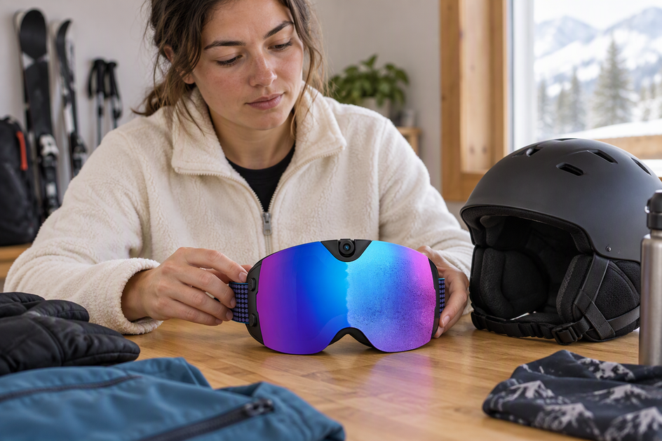 A first-time skier considers camera ski goggles beside a helmet while preparing for a trip
