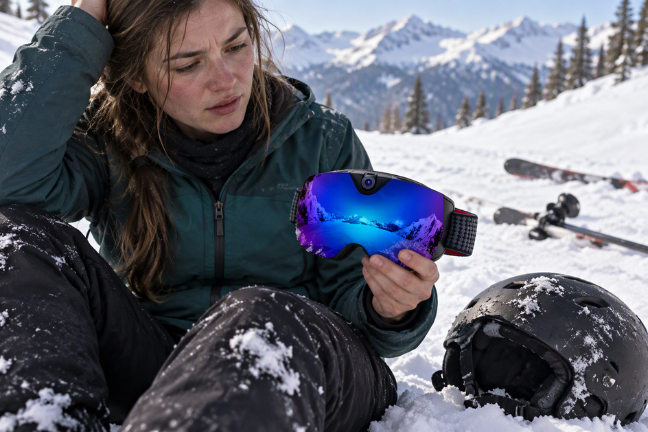 Camera ski goggles held beside a helmet on a snowy slope after a fall