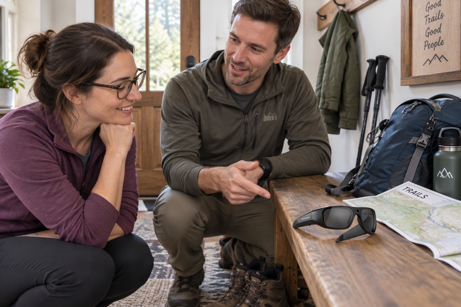 A gift giver and a prescription-glasses wearer consider OHO SUNSHINE Brave camera glasses before an outdoor outing.
