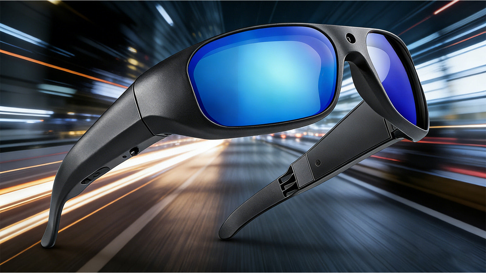 Black camera sunglasses with blue mirrored lenses against a fast motion city light background