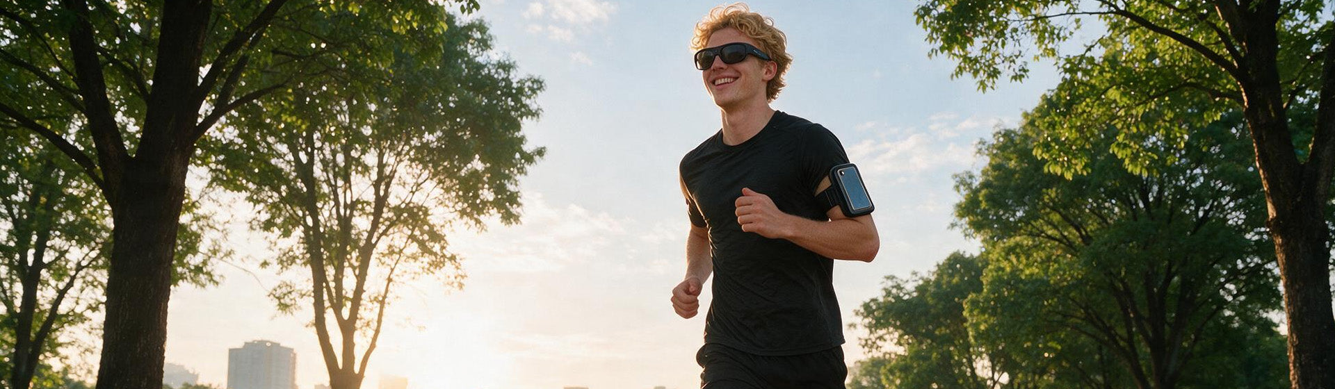 Man running on a tree-lined path wearing OhO Sunshine running smart sunglasses