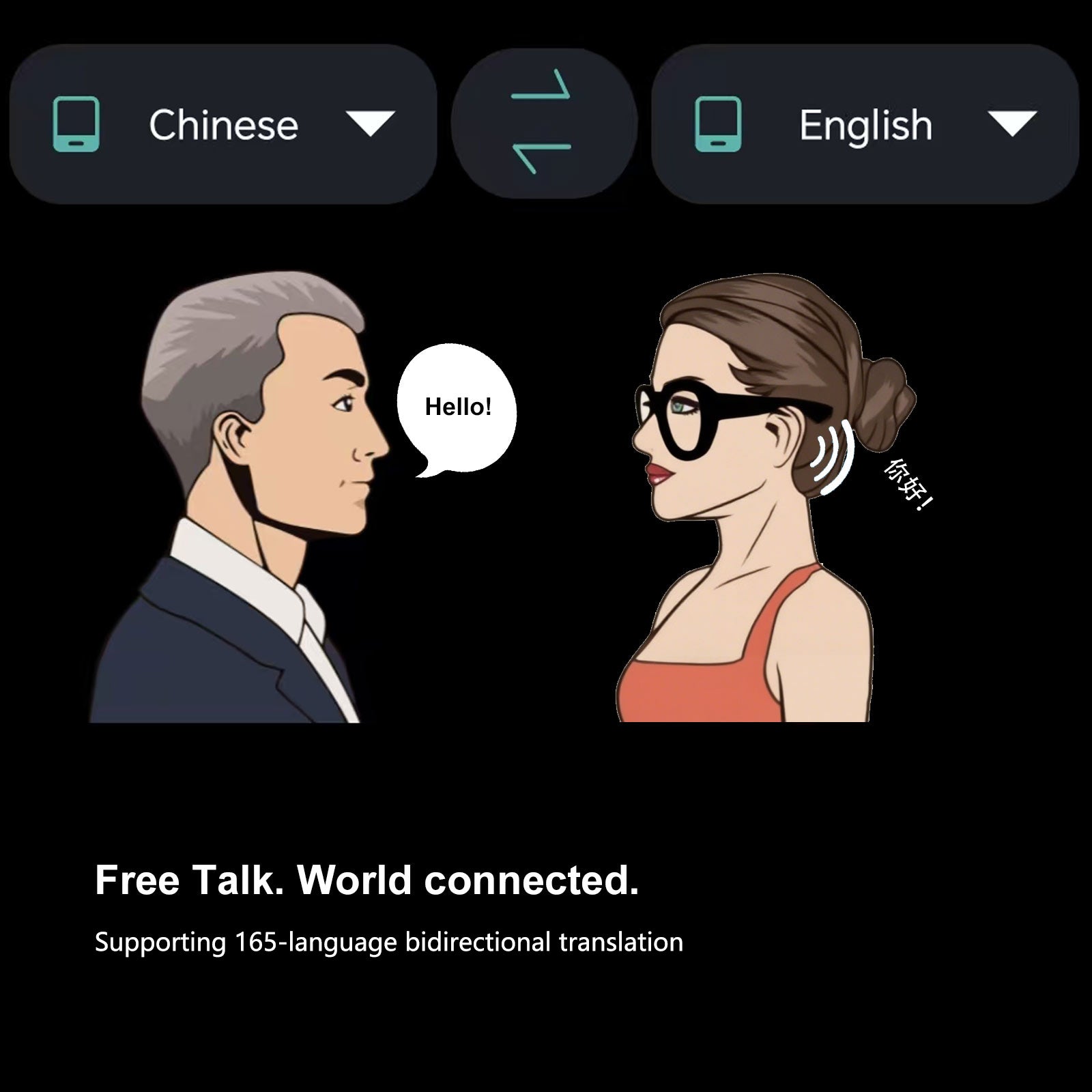 Smart AI glasses show English 'Hello!' translating to Chinese 'nǐ hǎo' in real-time.