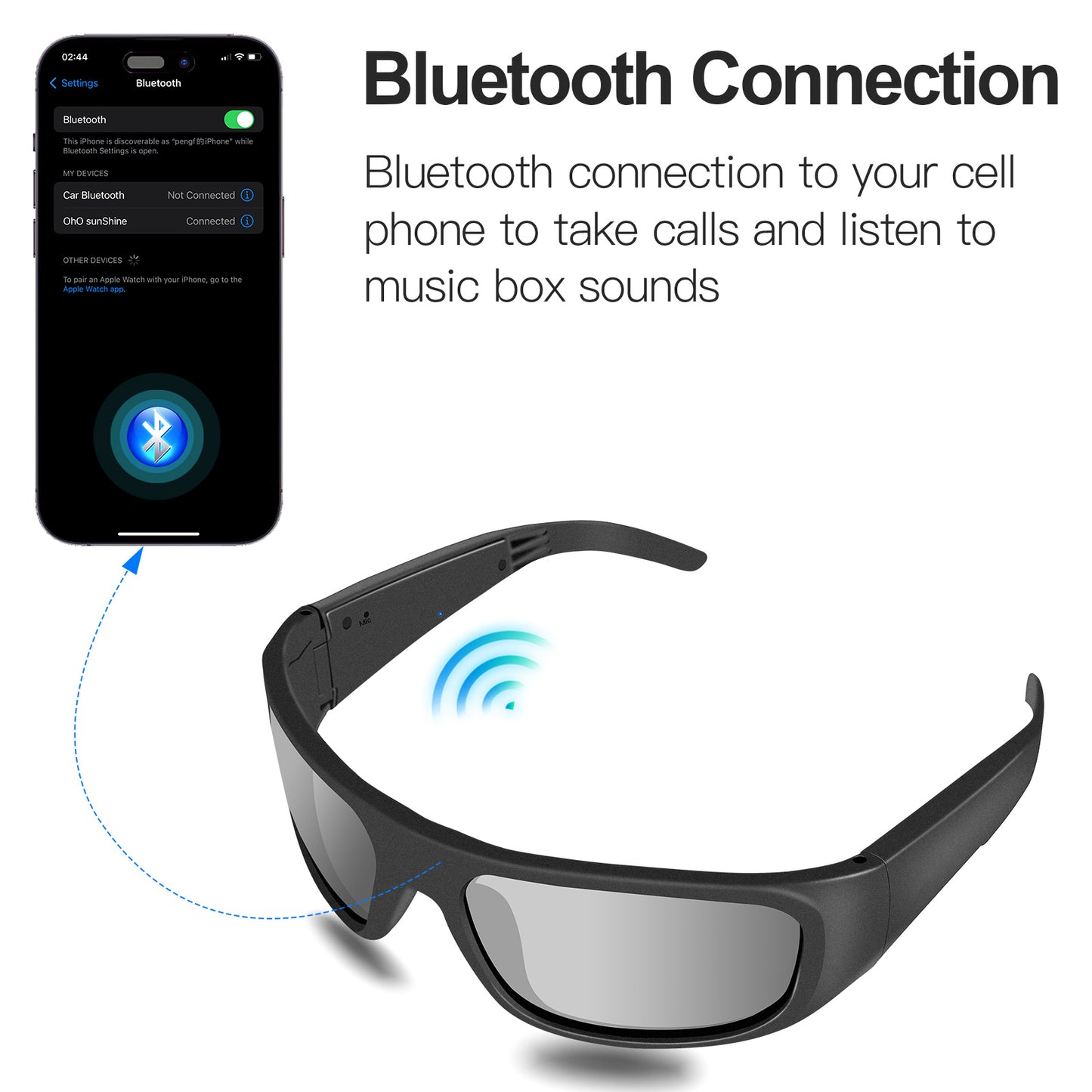 Occhiali intelligenti OhO Sunshine Pulse con altoparlante Bluetooth e audio aperto con lenti polarizzate nere