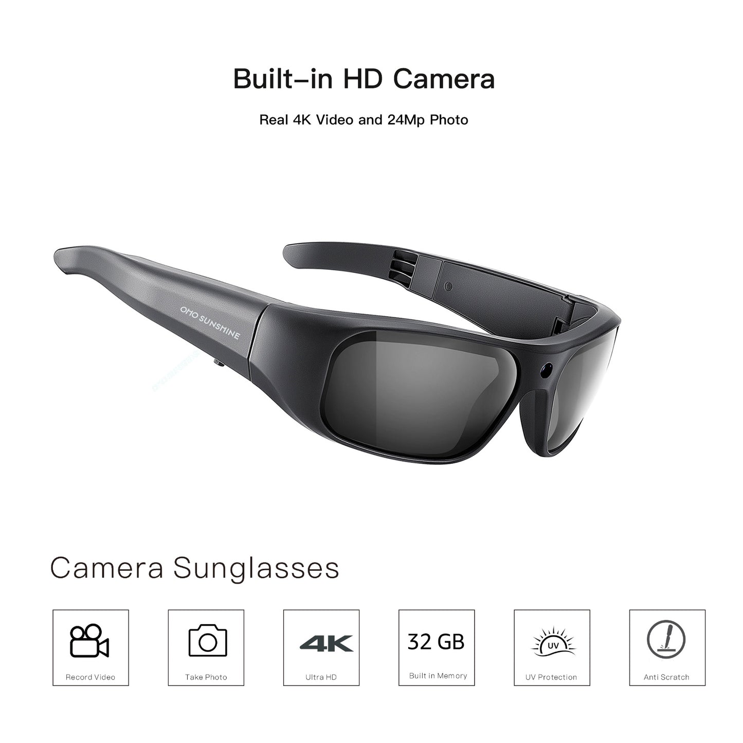 Occhiali da sole OhO Sunshie Brave 4K con videocamera, qualità video Ultra HD, memoria da 32 GB