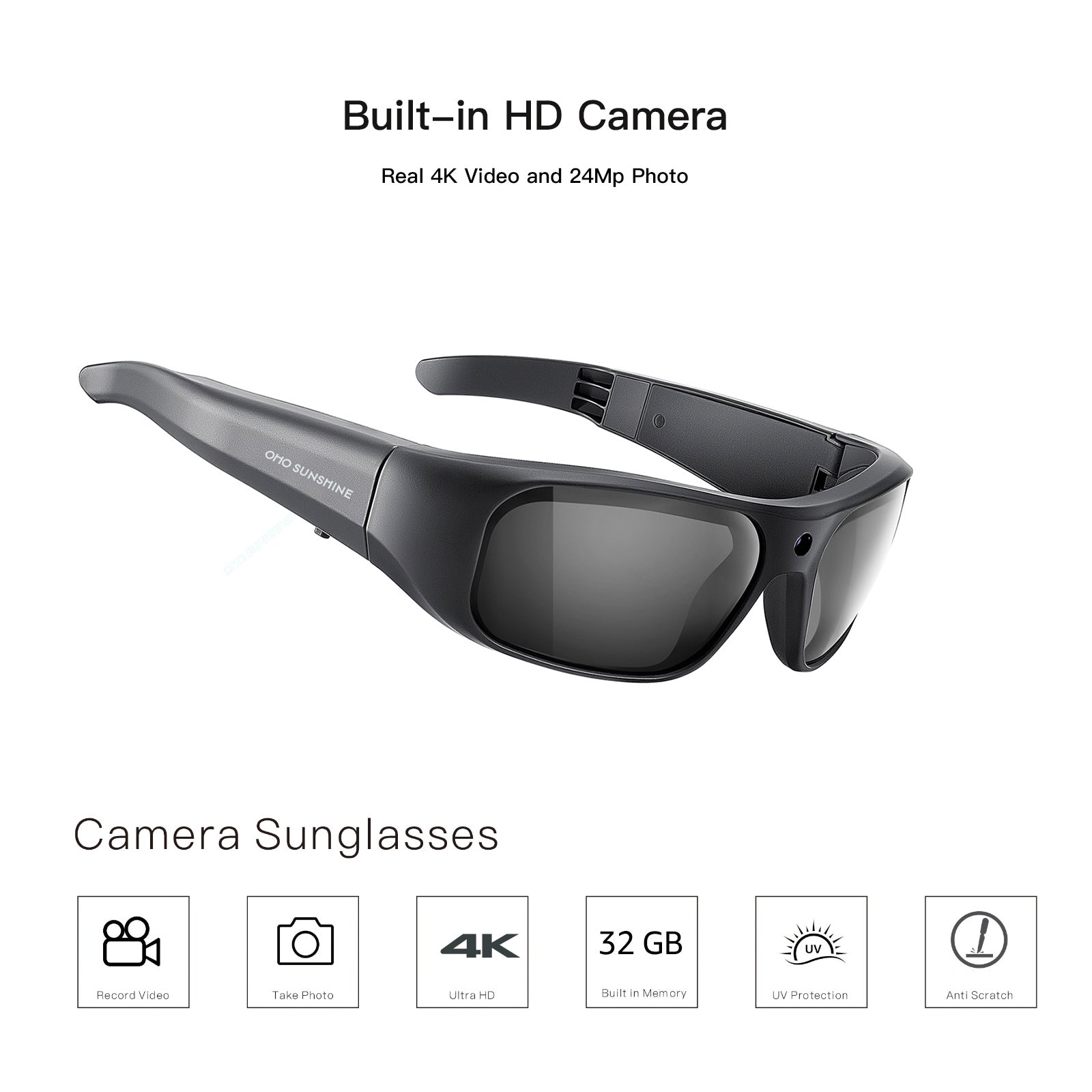 OhO Sunshie Brave 4K Camera Sunglasses Ultra HD Video Quality Built in Memory