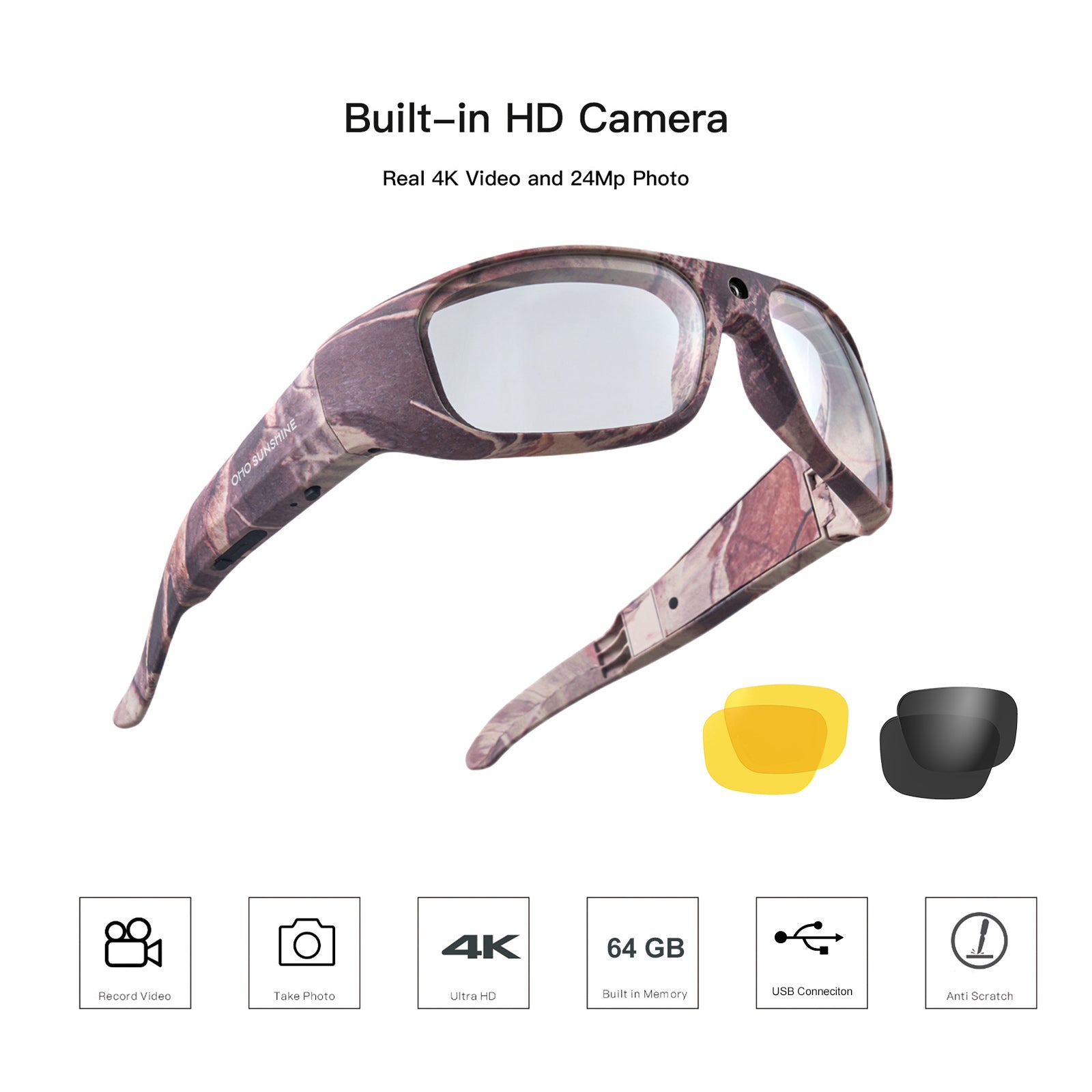 OhO Sunshine Brave Smart Camera Glasses - Ultra HD 4K & 24MP Camouflage Clear Lenses