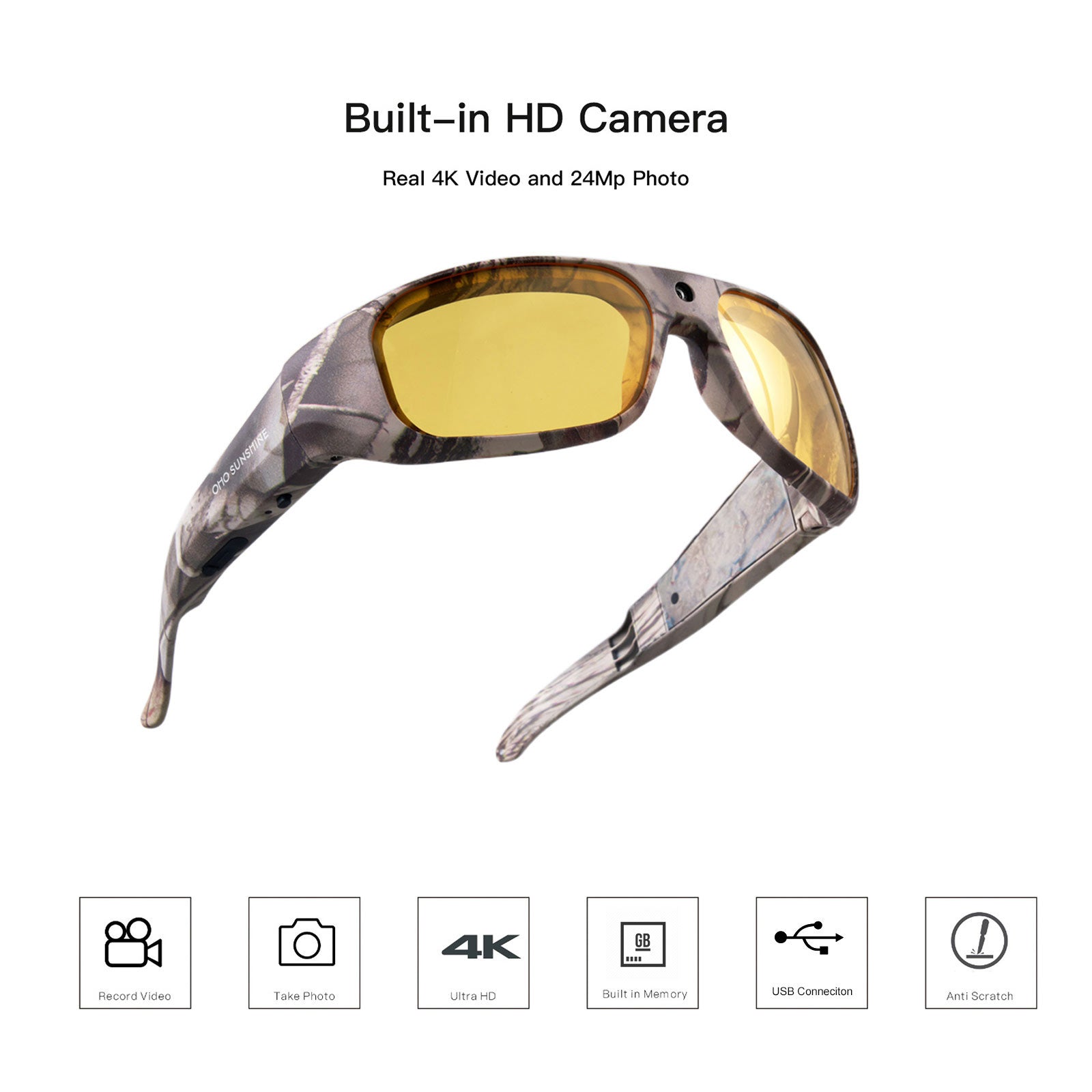OhO Sunshine Camouflage Sunglasses with 4K Camera for Hunting and Outdoor Adventures