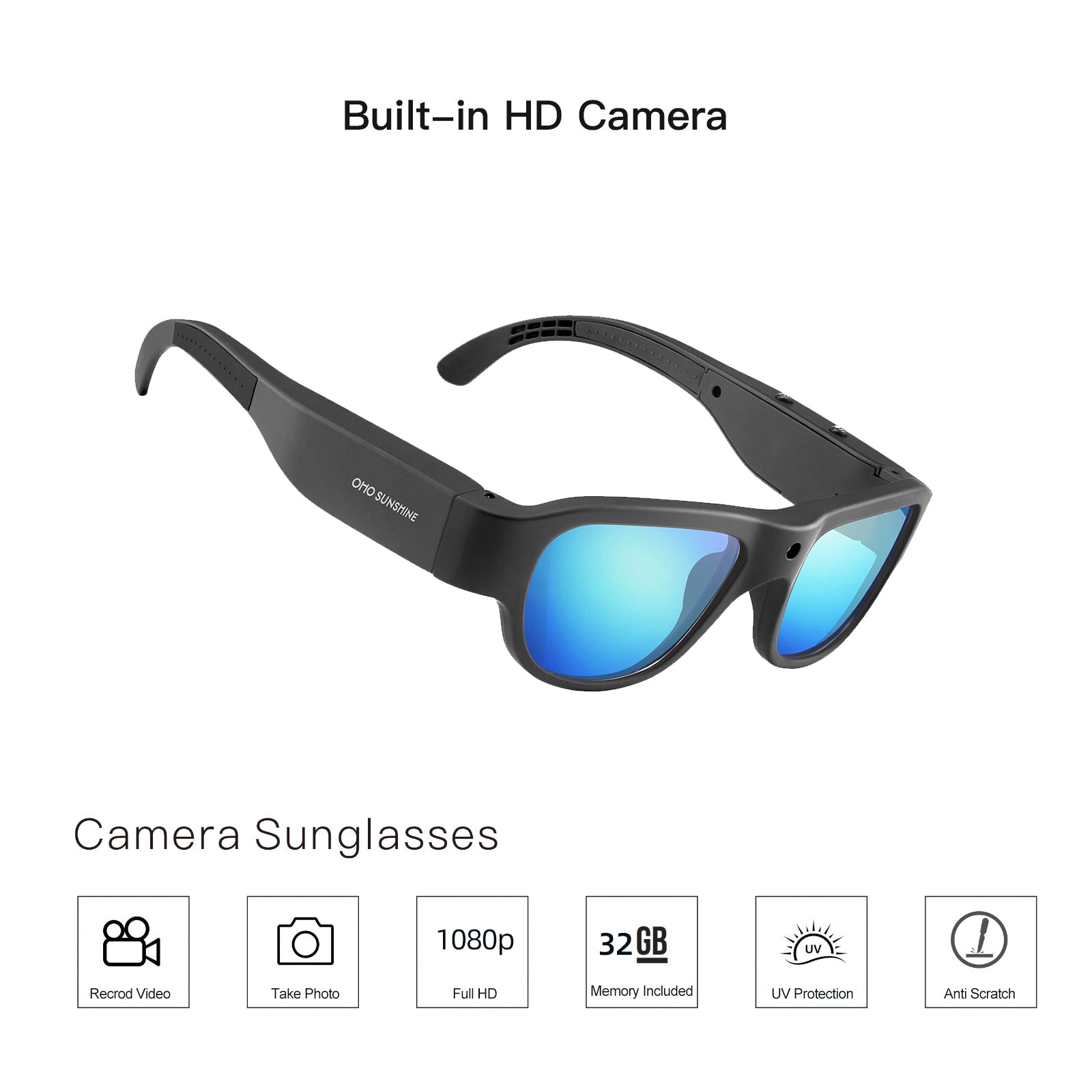 OhO Sunshine Touch Camera Sunglasses 32 GB Full HD 1080P Video Recording with Blue Polarized Lens