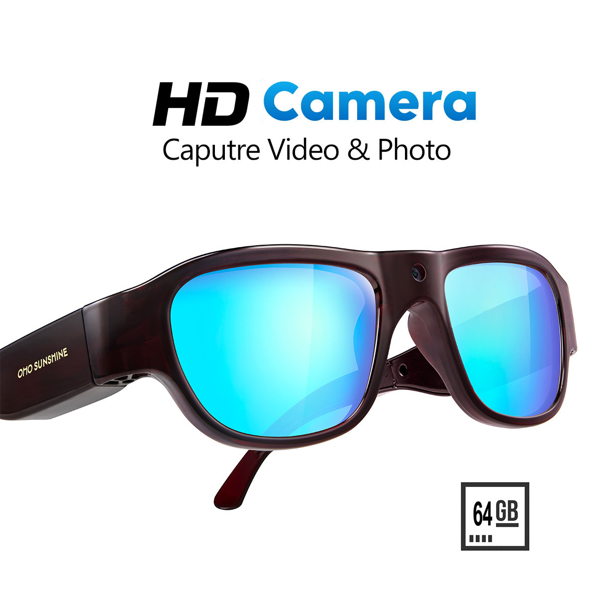 OhO Sunshine Touch Camera Sunglasses 64GB Full HD 1080P Video Recording with Blue Polarized Lens