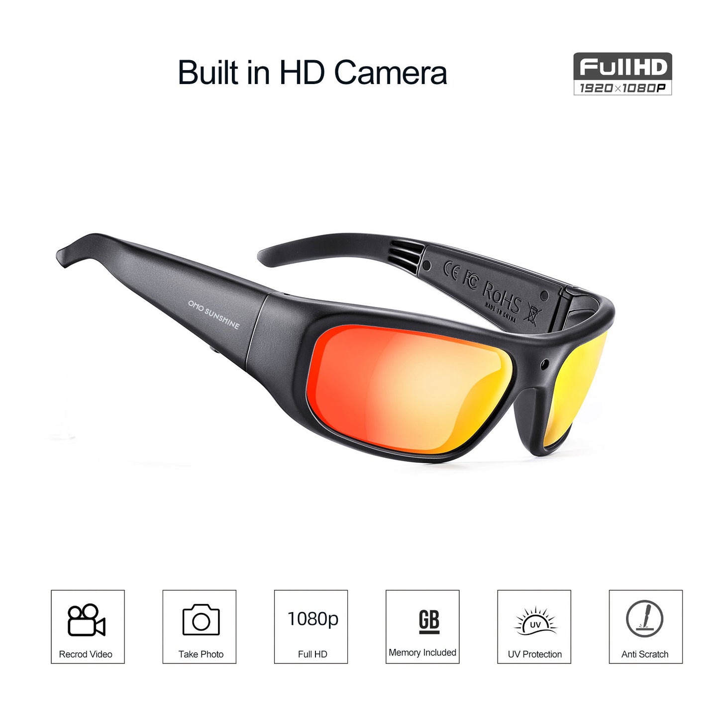 Occhiali da sole OhO Sunshine Vidsoul con videocamera, registrazione video Full HD 1080p e scatto di foto, 32 GB