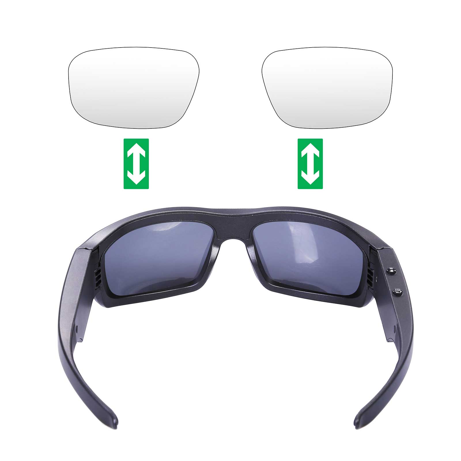 Foucus replacement sunglass lenses shown with interchangeable lens shapes and directional arrows.