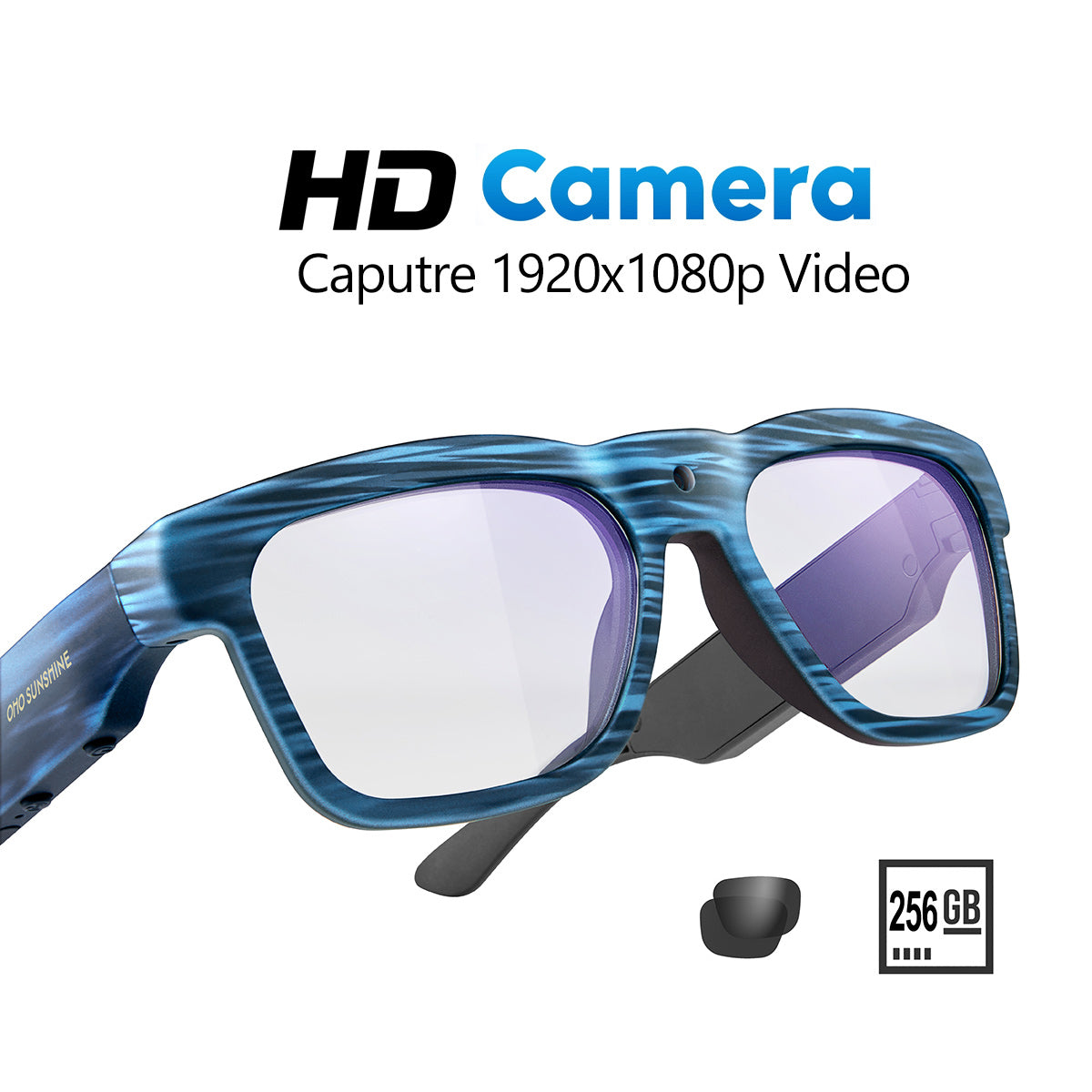 OhO Sunshine Edge 256GB Camera Glasses Full HD 1080p Video Recording & Bluetooth Audio Speaker for Music & Phone Call