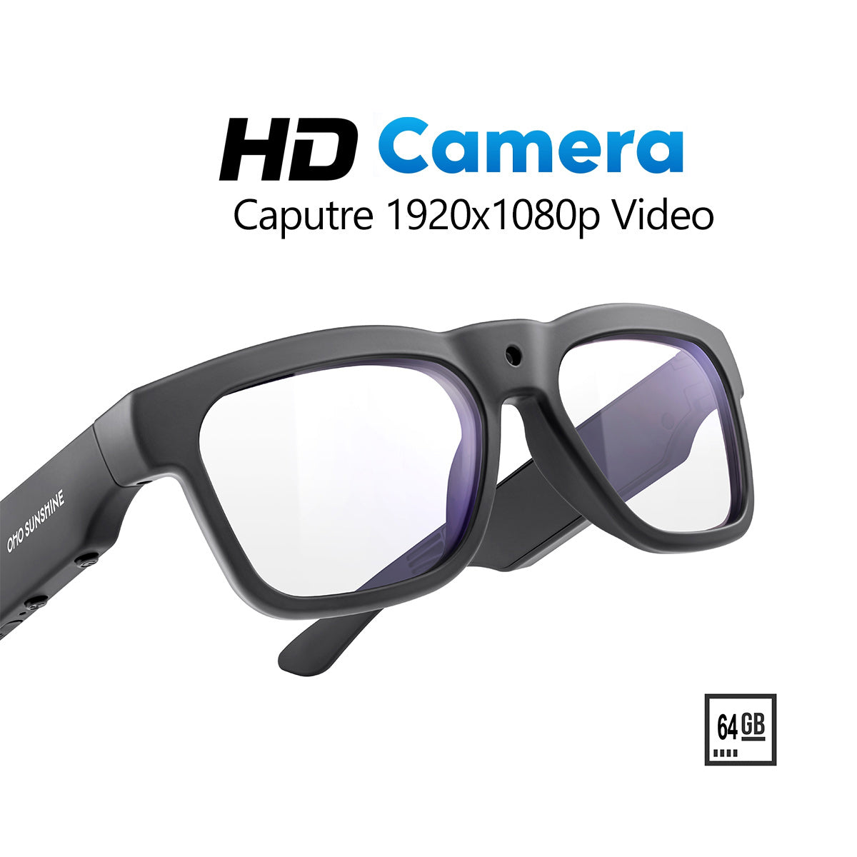 OhO Sunshine Edge Smart Glasses with Full HD 1080p 64GB Video Recording Camera & Bluetooth Speaker with Blue Light Blocking Lens