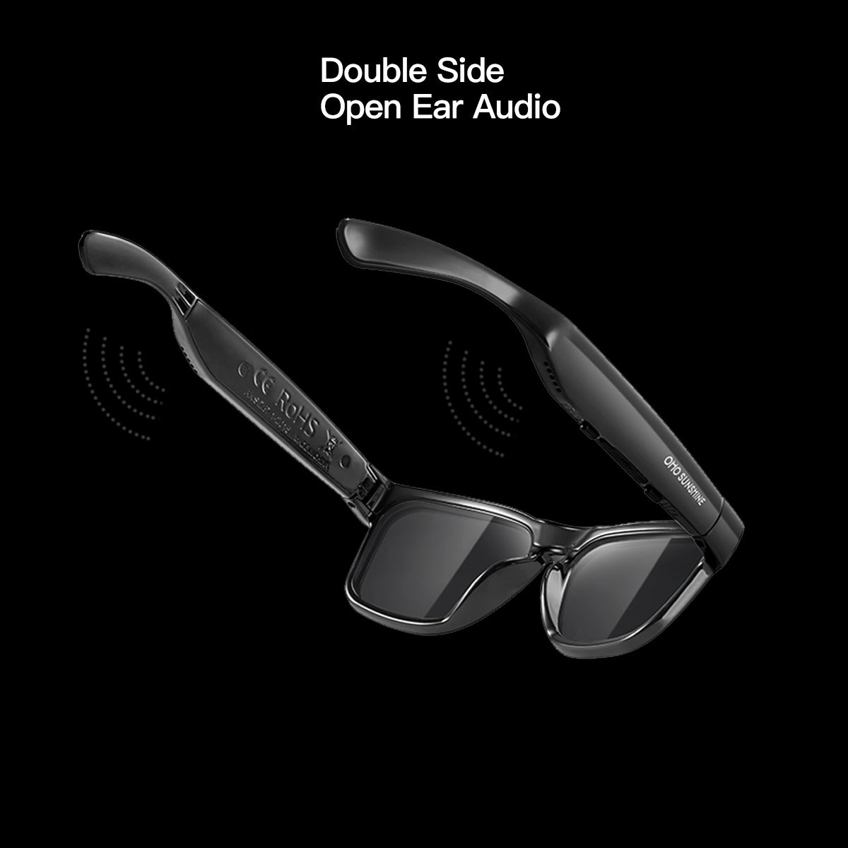 Occhiali audio OhO Sunshine Elite Smart Bluetooth con connessione al telefono cellulare, montatura nera lucida e lenti polarizzate UV400 per lo sport