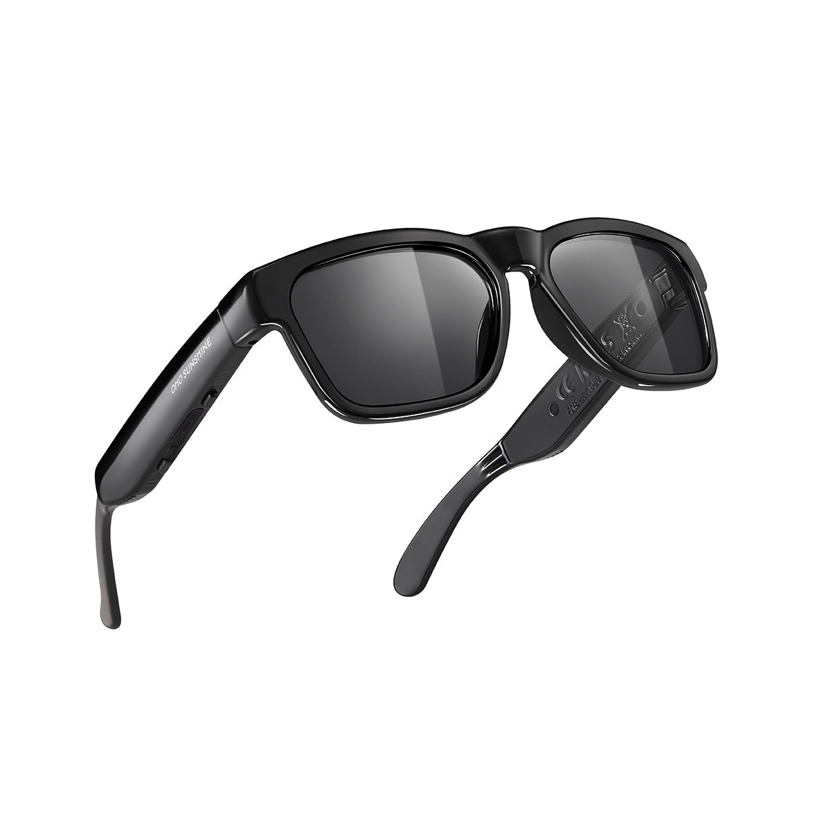 OhO Sunshine smart Bluetooth glasses with polarized lenses, case, and extra lenses.