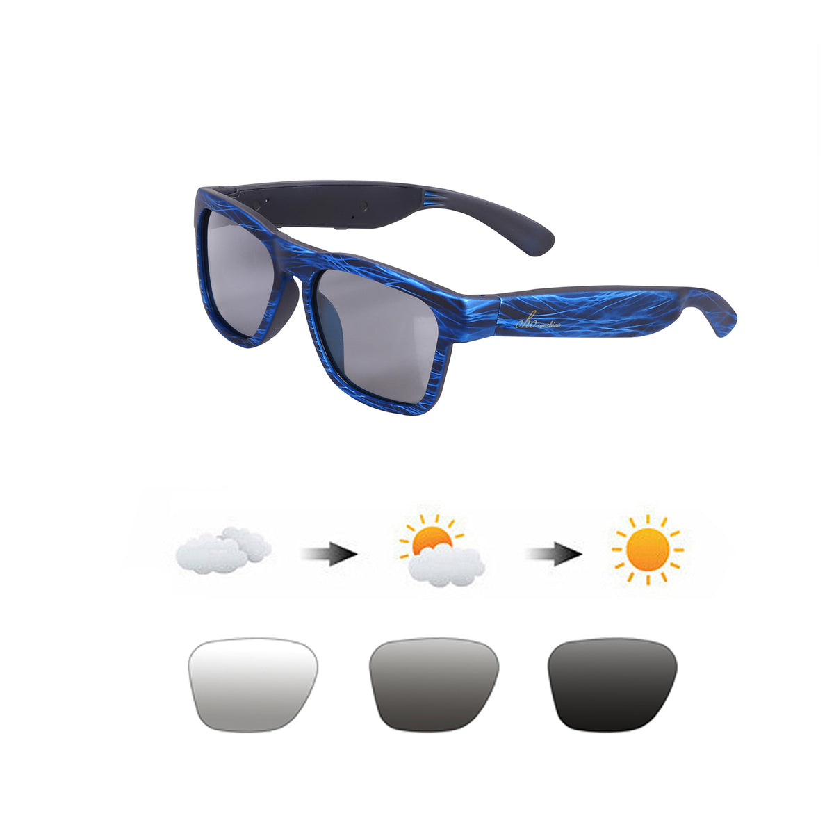 OhO Sunshine blue smart Bluetooth glasses with flame pattern and adaptive lenses.