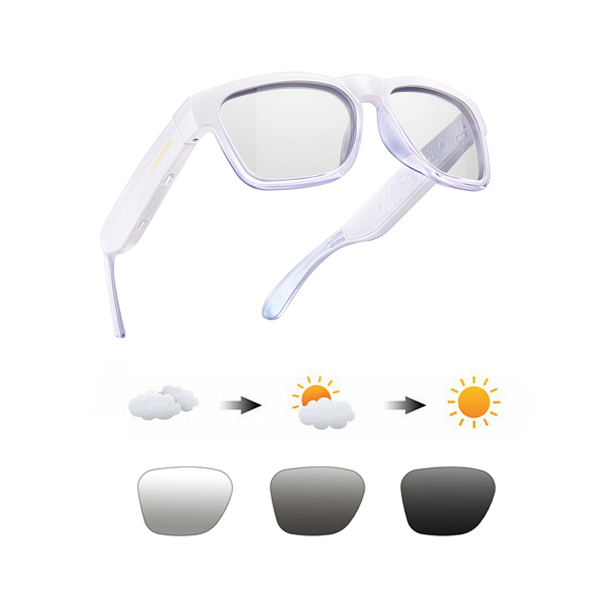 White OHO SUNSHINE smart glasses with transitional blue light lenses, Bluetooth & MP3.