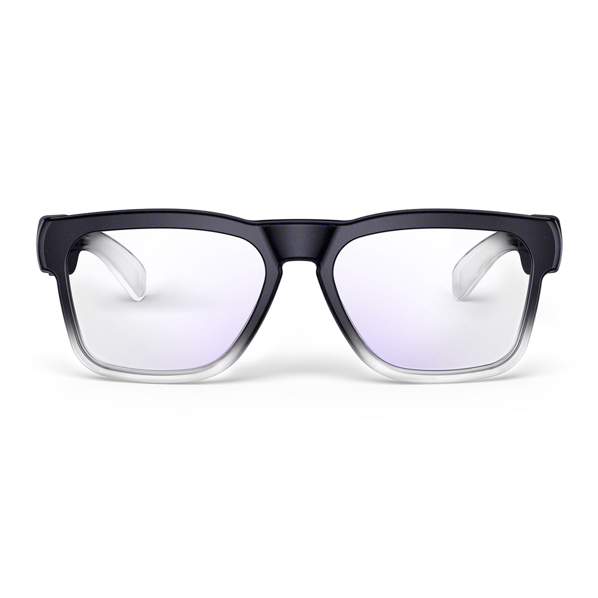 Blue light blocking smart Bluetooth glasses with black clear frame and photochromic lenses