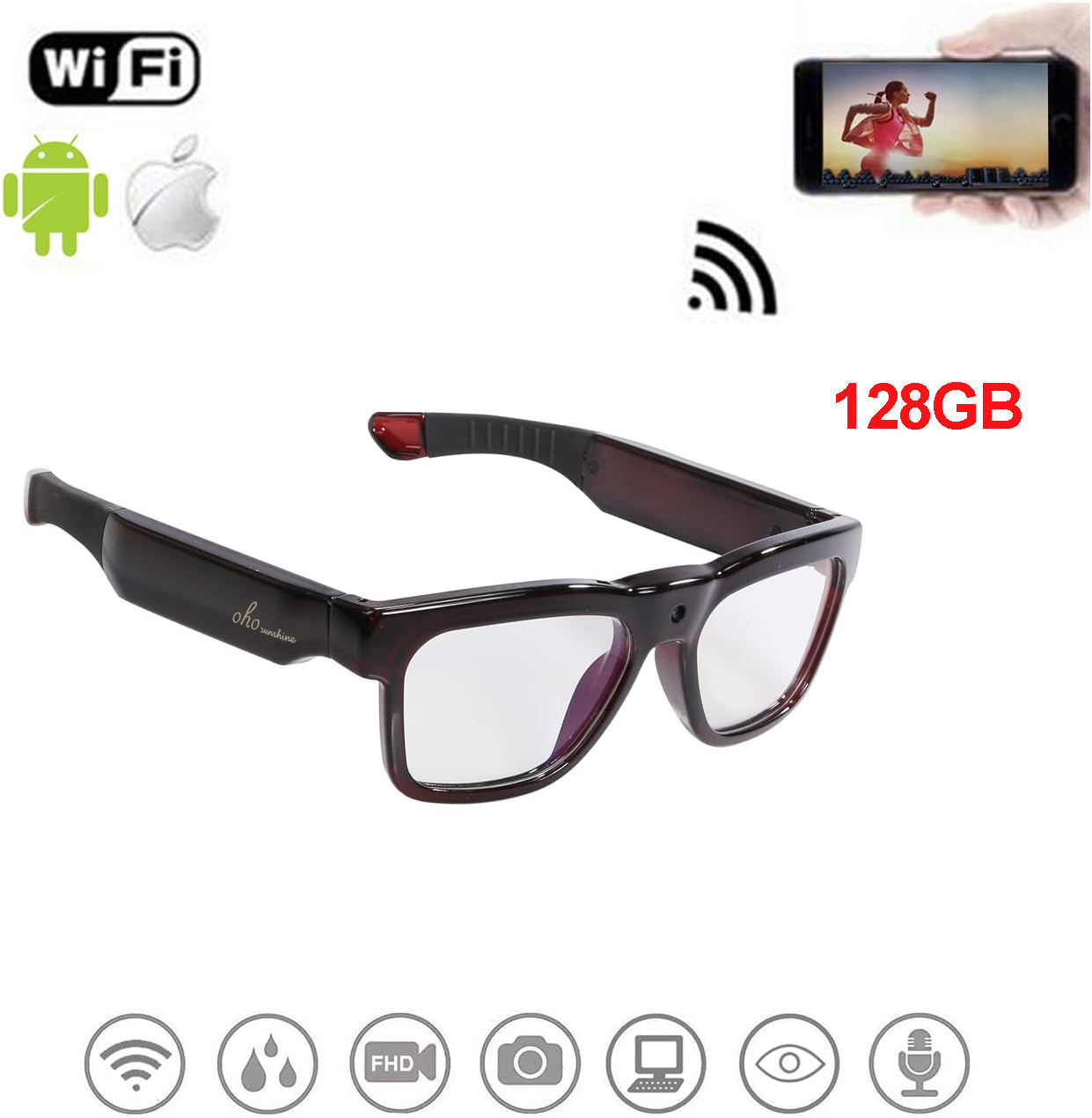 OhO Sunshine Livi Full HD Camera Sunglasses Recording 1080p Video with Wifi Real Time Transfer to Phone 128GB Built in Memory