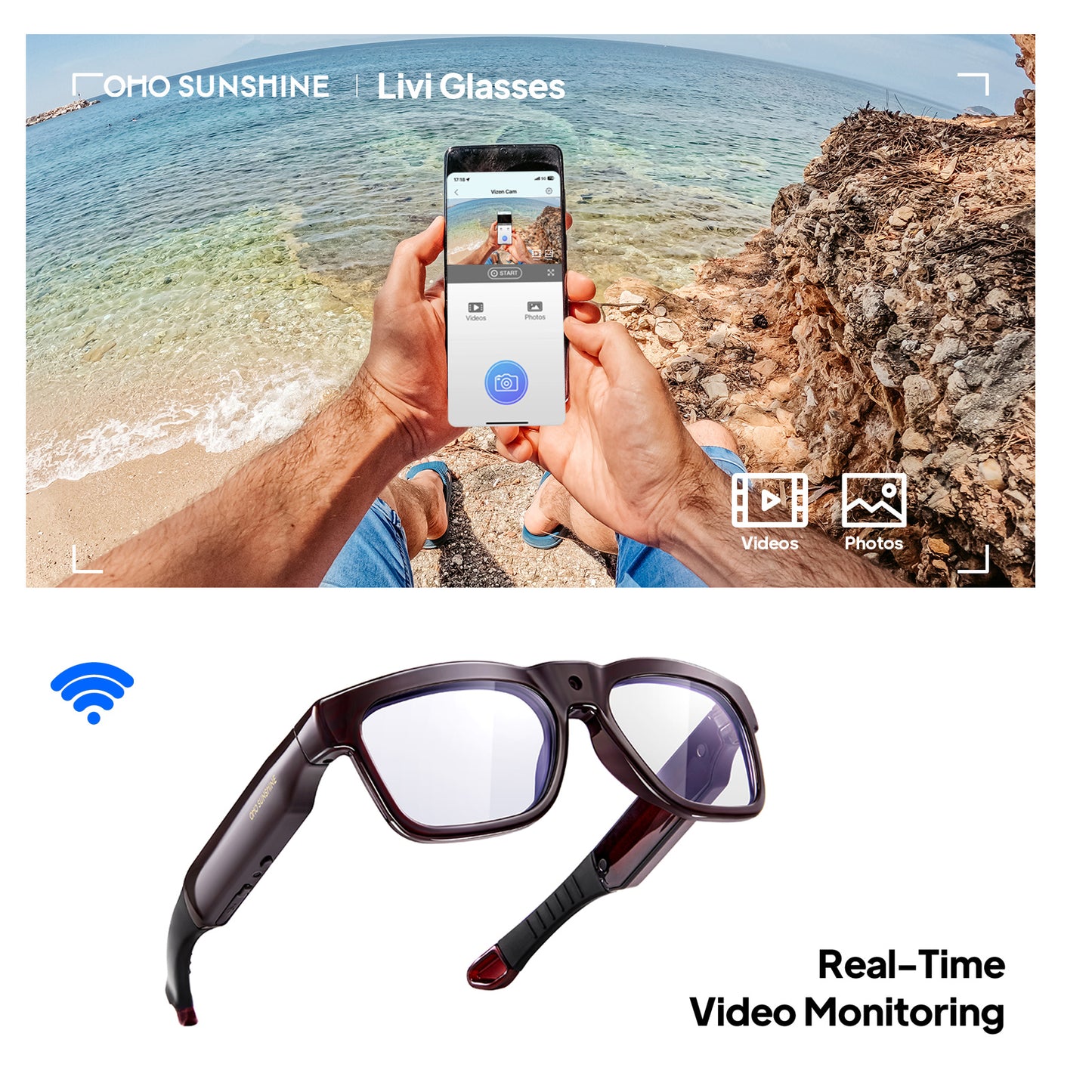 Occhiali da sole OhO Sunshine Livi Full HD con videocamera e registrazione video 1080p con Wi-Fi e trasferimento in tempo reale, memoria da 64 GB