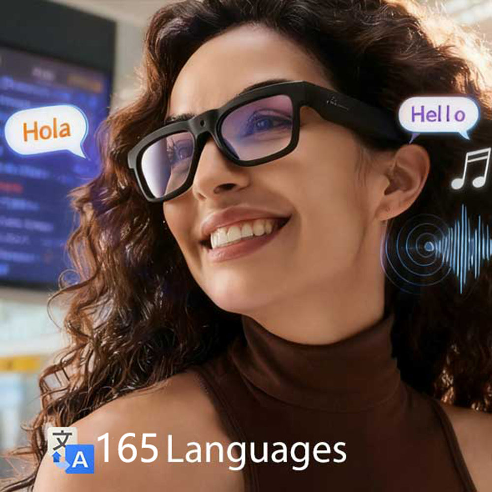 OhO Smart AI glasses on woman, showcasing 'Hola' & 'Hello' translation bubbles for 164 languages.