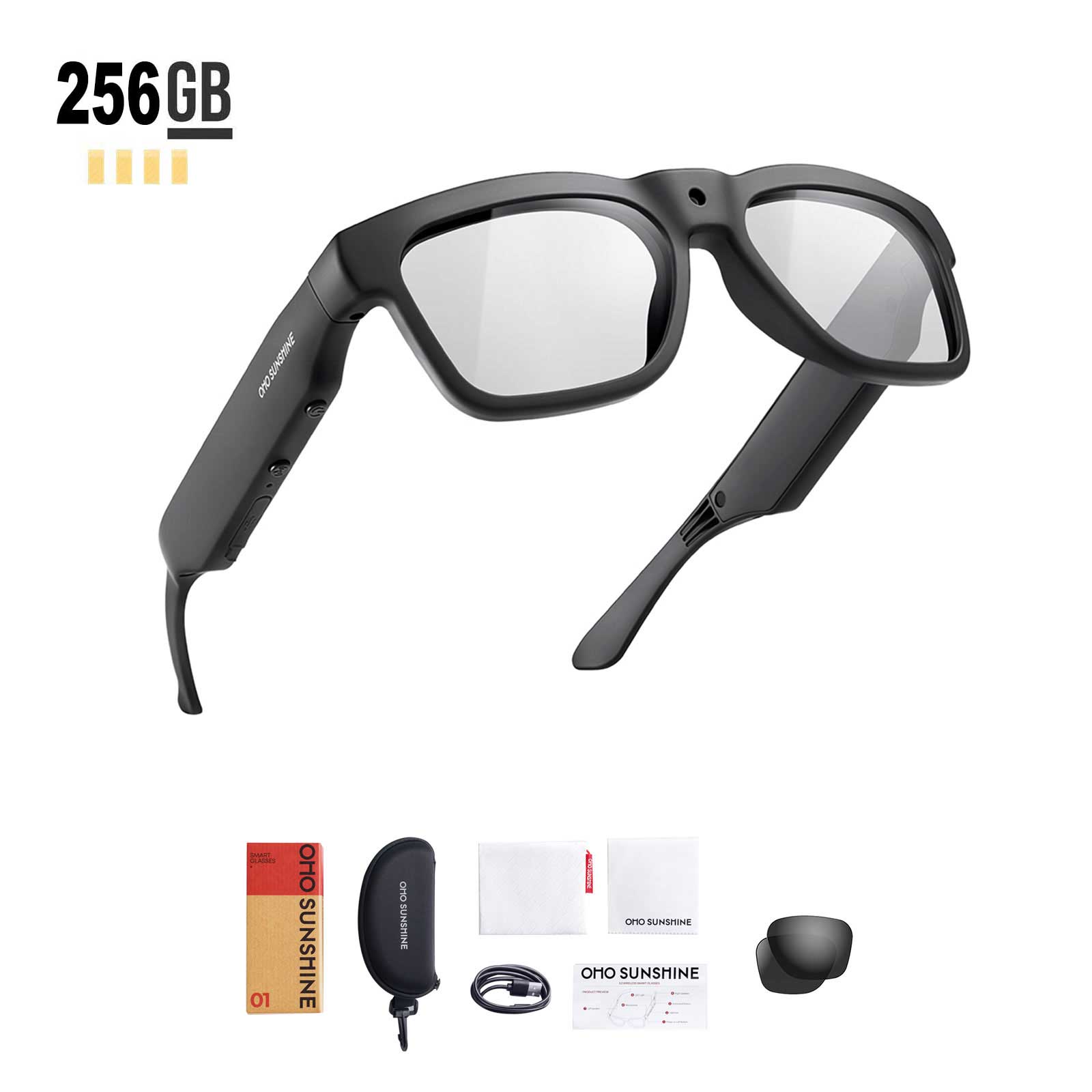 OhO Sunshine Edge Smart Glasses mit Full HD 1080p 64 GB Videoaufzeichnungskamera und Bluetooth-Lautsprecher mit Blaulicht-Blockierungslinse