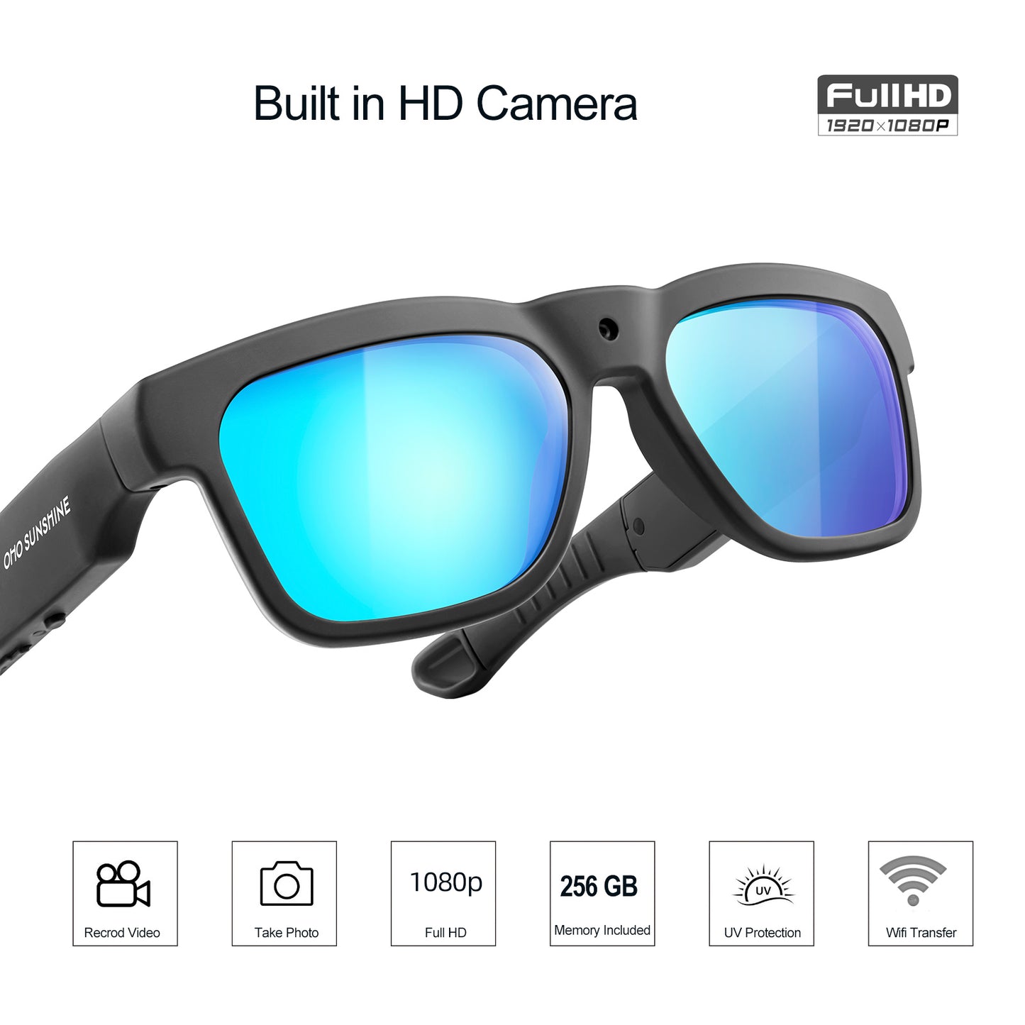 Occhiali da sole OhO Sunshine Livi Full HD con videocamera, registrazione video 1080p con Wi-Fi, trasferimento in tempo reale al telefono, memoria integrata da 256 GB