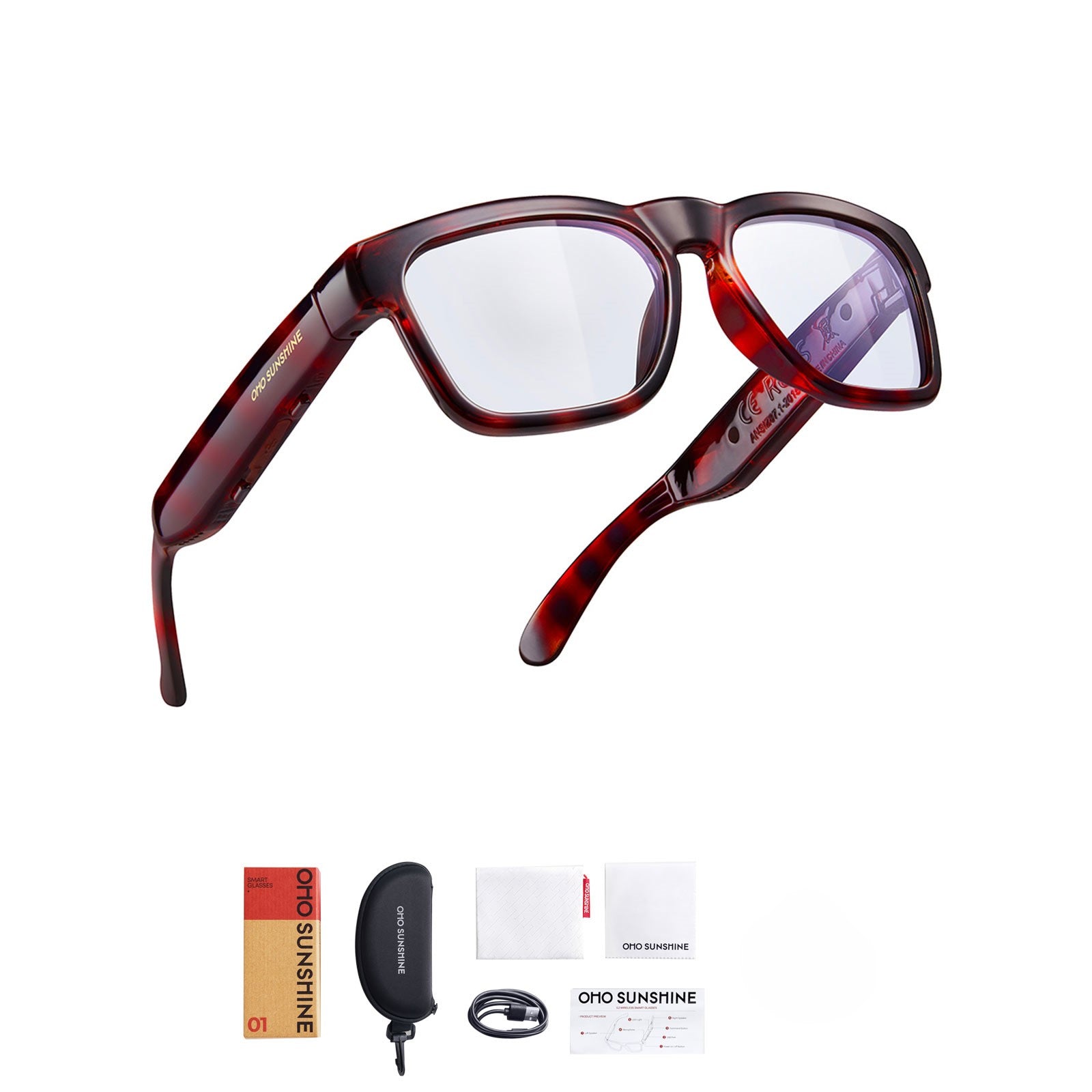 Burgundy OhO Sunshine Elite Bluetooth glasses with blue light blocking lenses and accessories