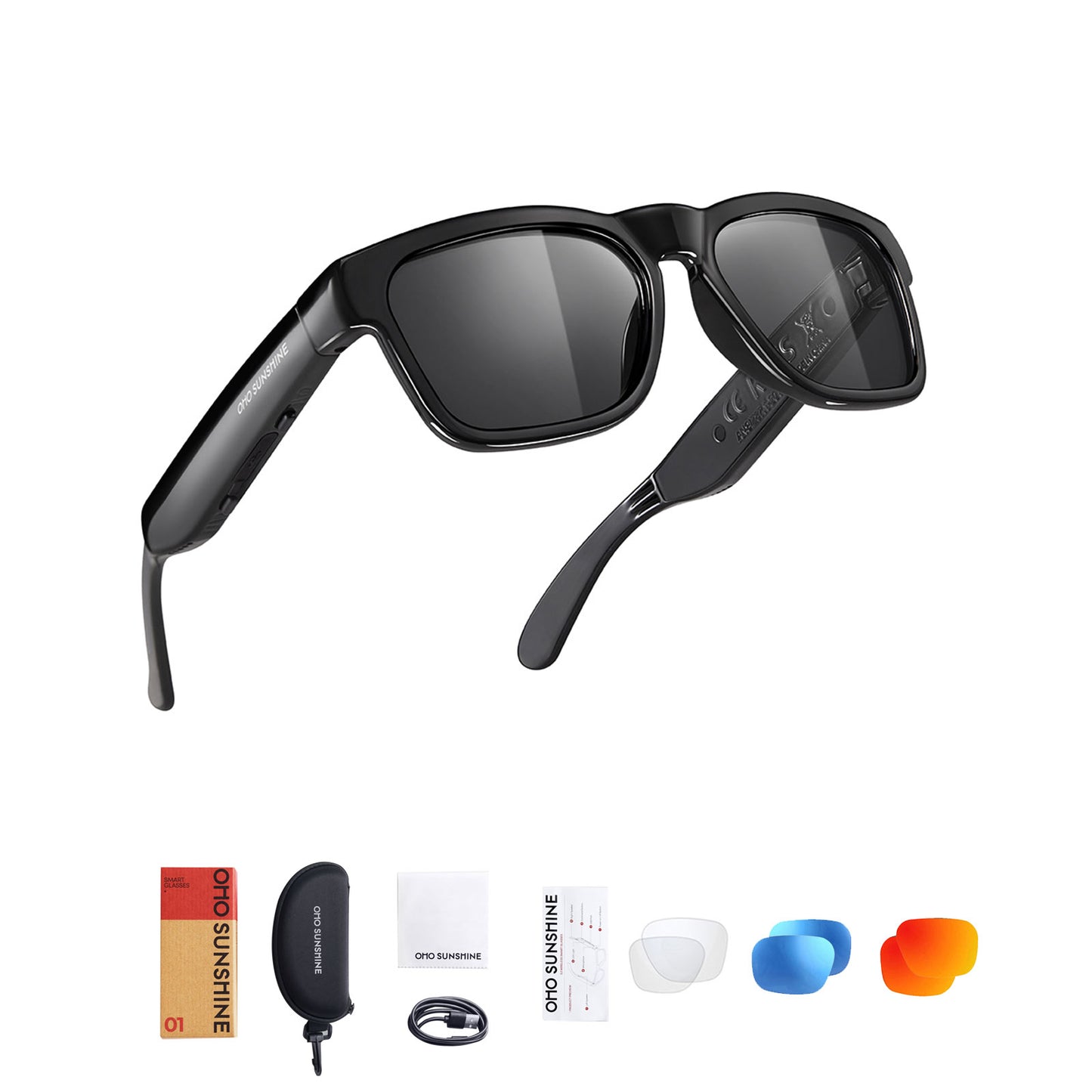 Occhiali audio OhO Sunshine Elite Smart Bluetooth con connessione al telefono cellulare, montatura nera lucida e lenti polarizzate UV400 per lo sport