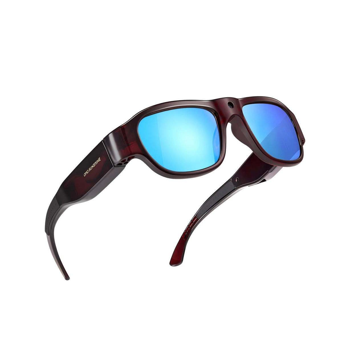 OhO Sunshine Touch slimme bril, schildpadframe, blauwe spiegellenzen, HD-videocamera.