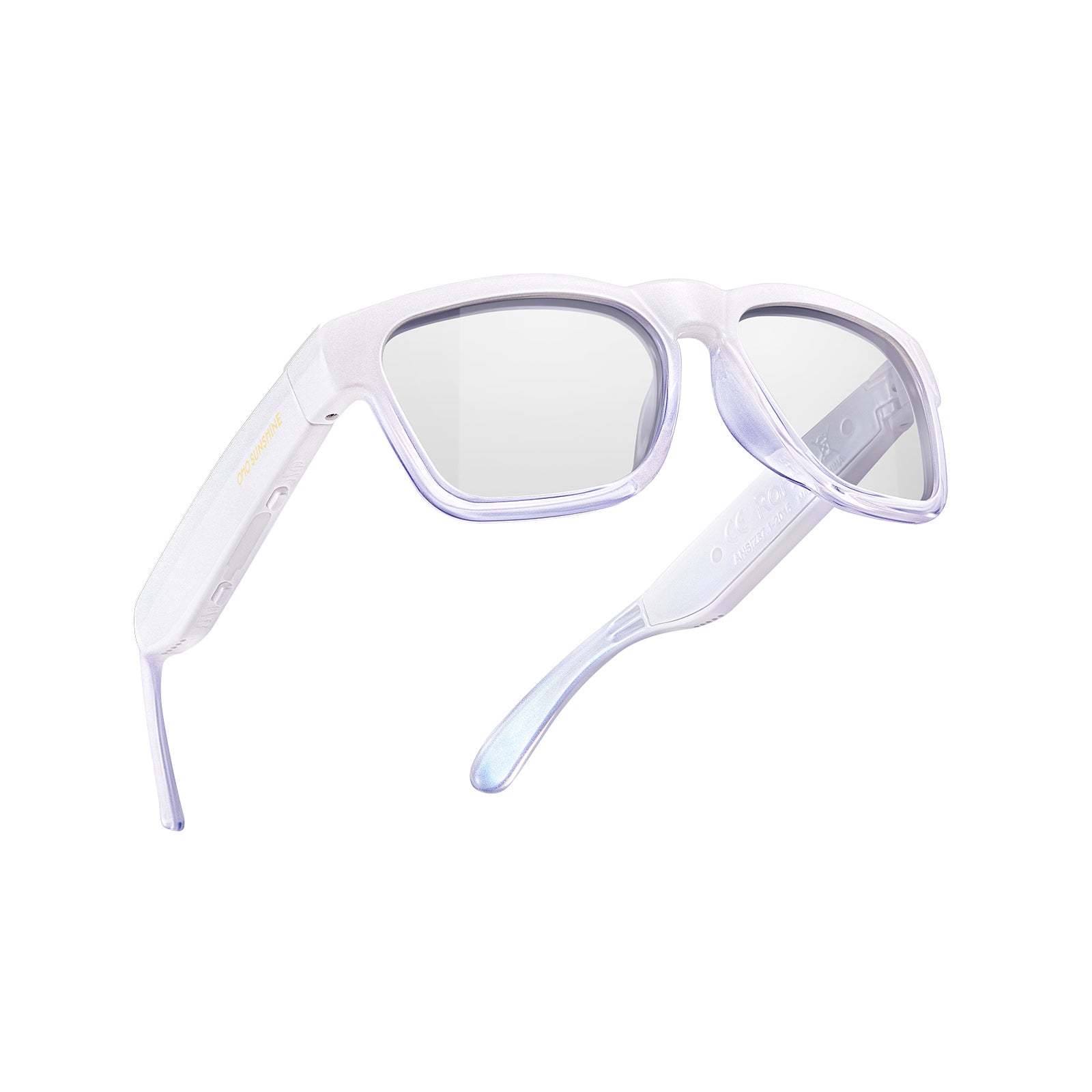 White OhO Sunshine Bluetooth smart glasses with clear lenses, subtle branding.