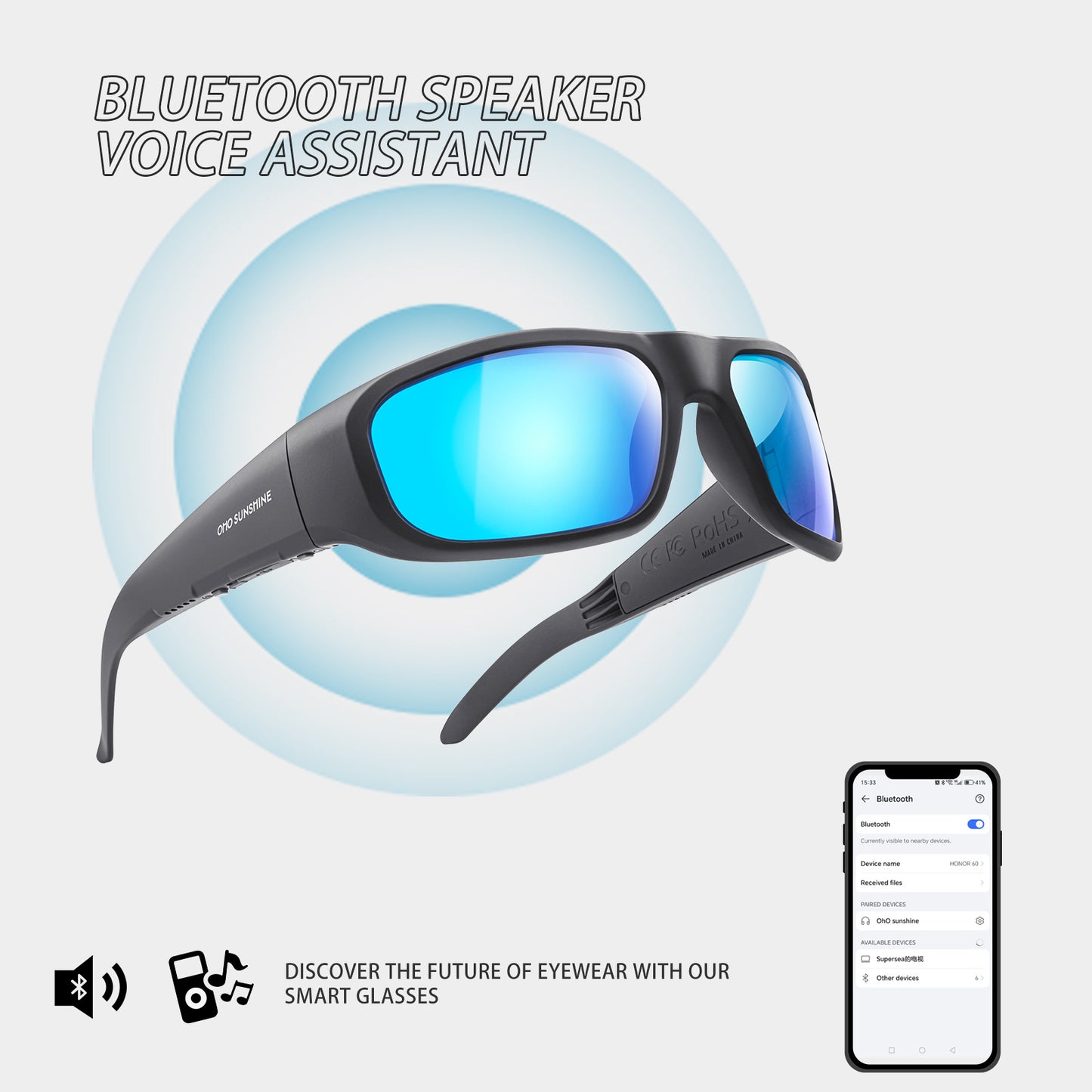 Occhiali intelligenti OhO Sunshine Pulse con altoparlante Bluetooth e audio a orecchio aperto, UV 400 per sport all'aria aperta