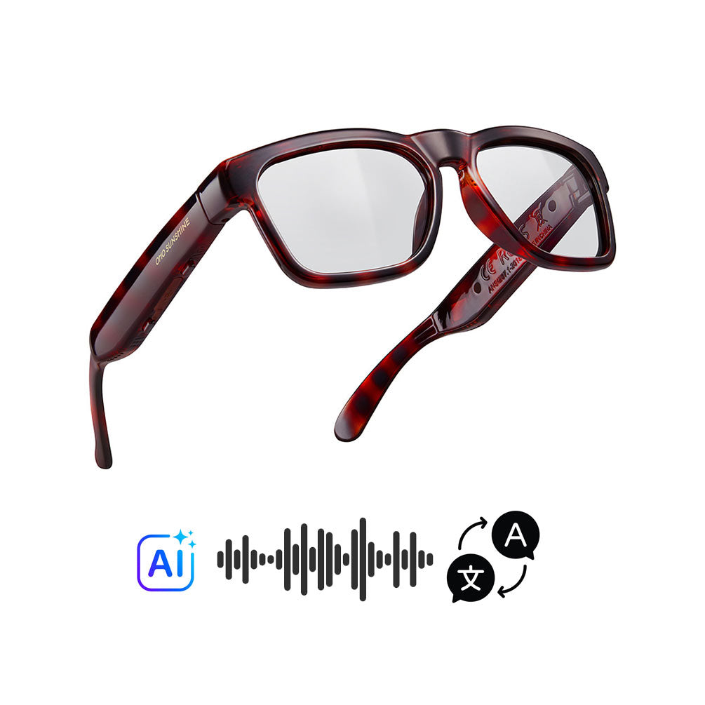 OhO Sunshine Elingo AI translation glasses in a burgundy frame