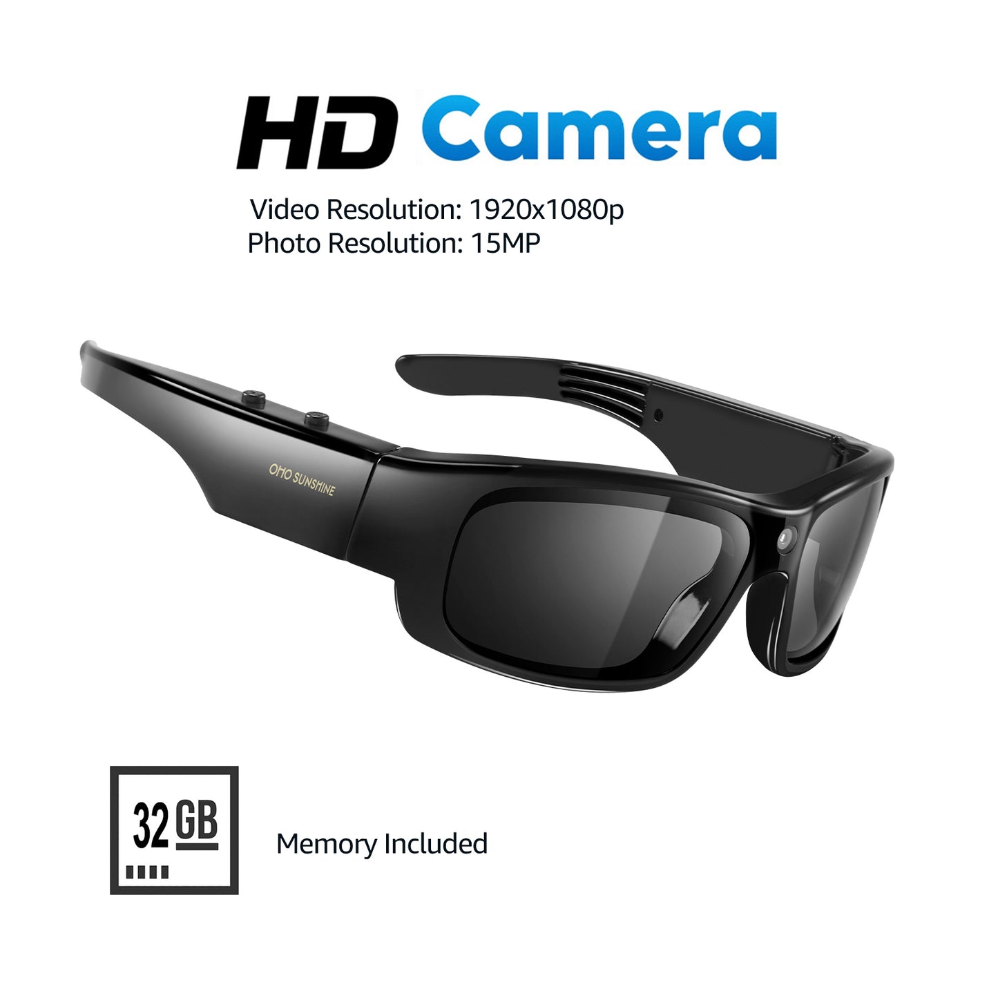 Occhiali da sole OhO Sunshine Focus con telecamera Full HD, registrazione video 1080P da 32 GB, lenti polarizzate con protezione UV400
