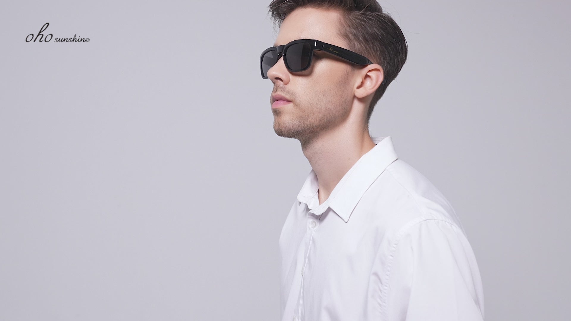 Gafas de audio inteligentes OhO Sunshine Elite con Bluetooth, conexión al móvil, marco negro brillante y lentes polarizadas UV400 para deportes.