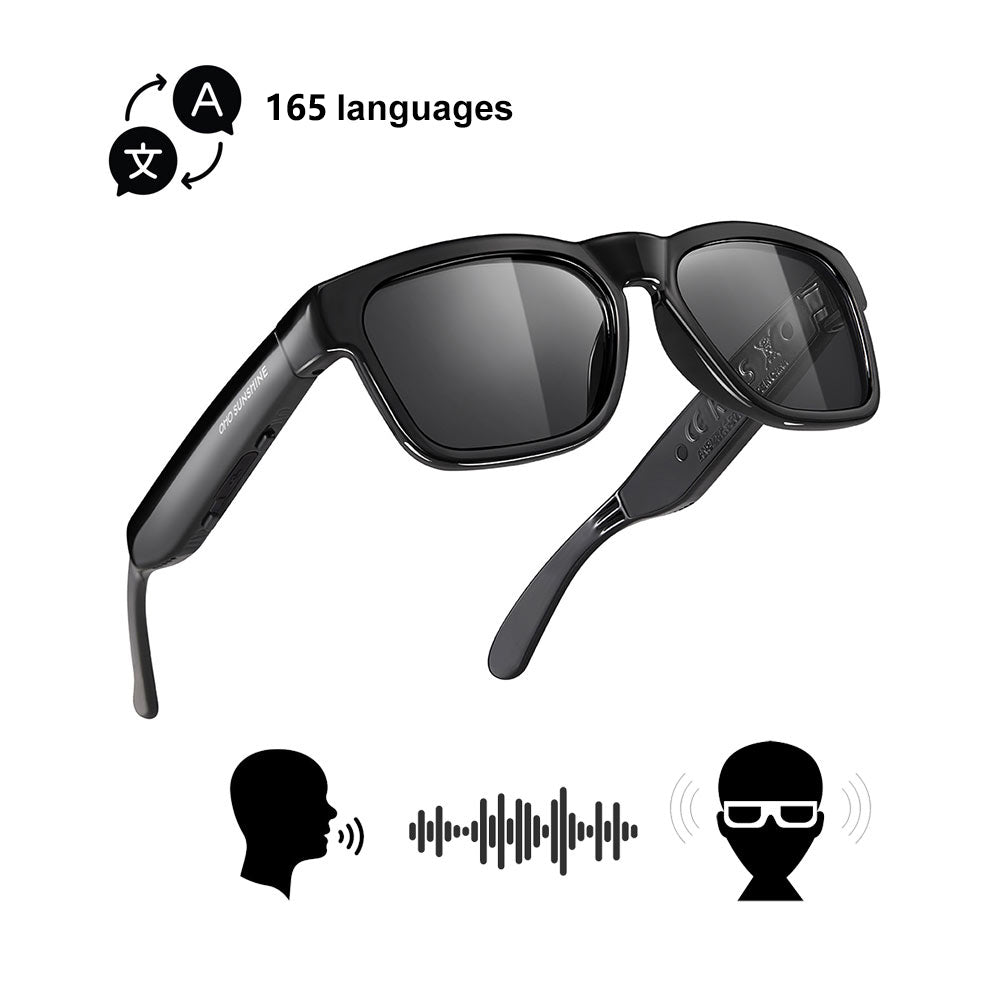 OhO Sunshine smart AI glasses featuring real-time audio translation for 164 languages.